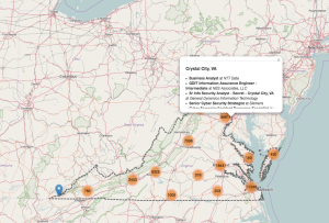 Map showing geographical distribution of job postings in Virginia, featured on opendata.cs.vt.edu 